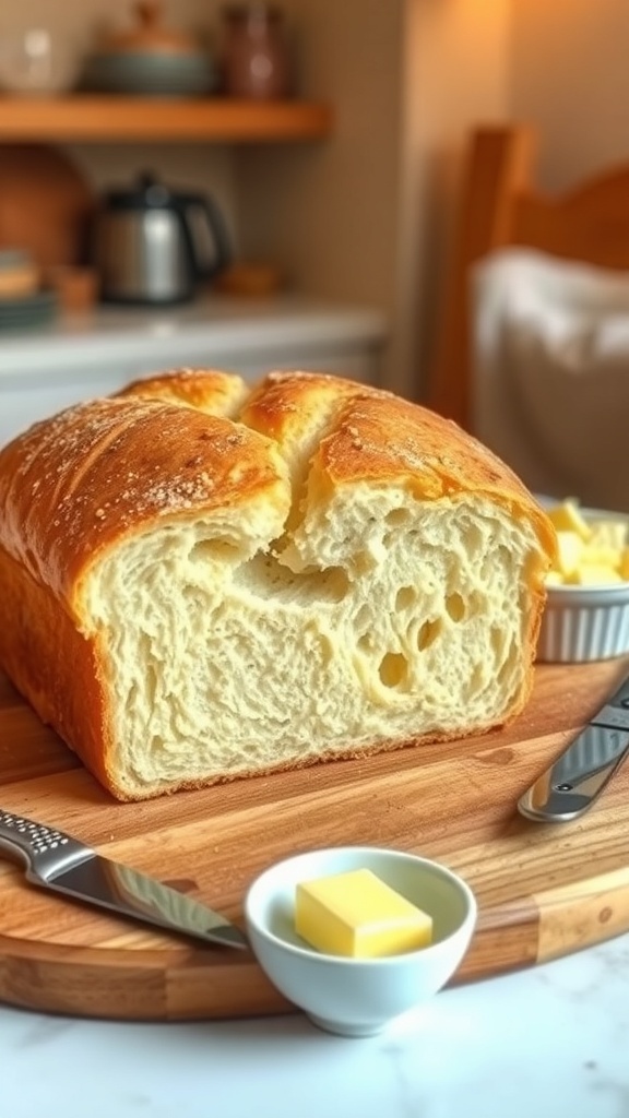 Yeast Bread Recipe Freshly baked homemade yeast bread loaf sliced on a wooden board with butter.